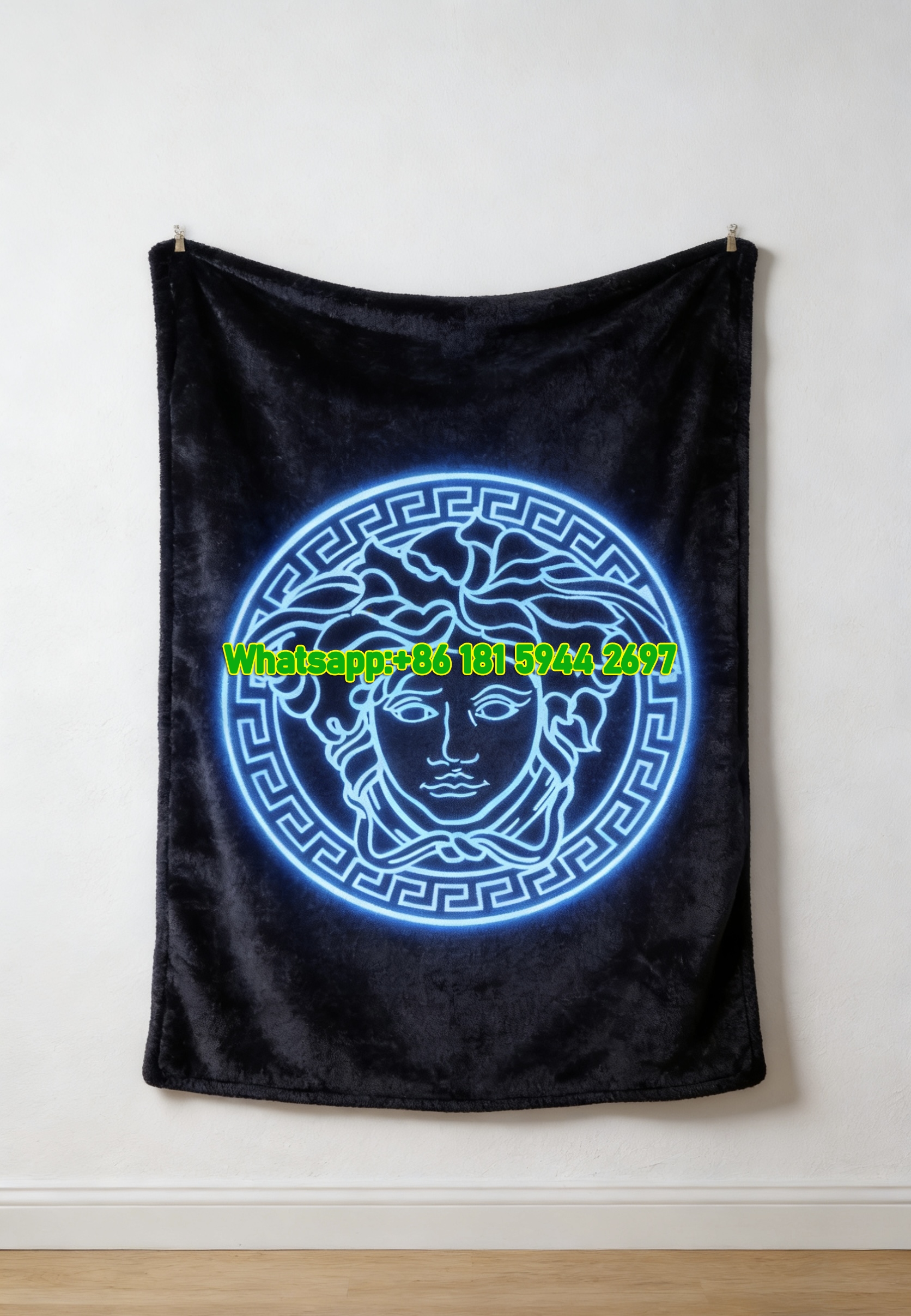 Versace Black Blue Neon Medusa Greek Key Print Flannel Sofa Throw Blanket IMG_1436